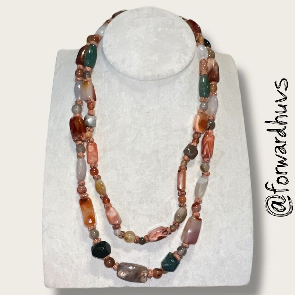 Vintage Hand-Knotted Silk 44" Beggar Bead Necklace Endless Multi-Stone